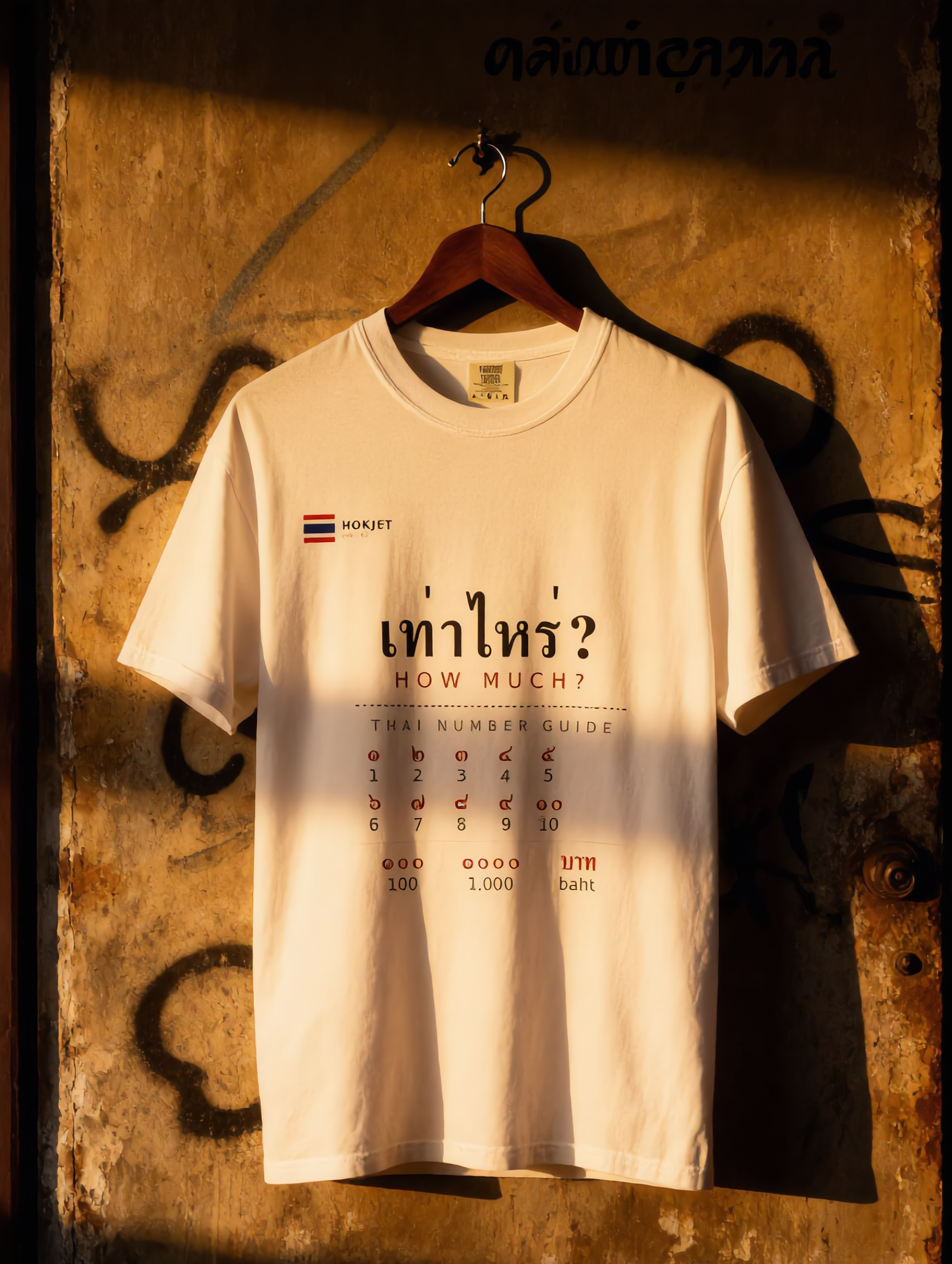 HOKJET Street Food Survival Tee — white t-shirt with Thai number guide print